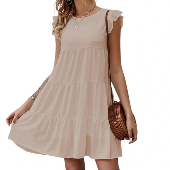 NWT Women’s 3 Tiered Baby Doll Dress Short Sleeved Mini Dress, Short Cap Sleeved - Picture 1 of 9